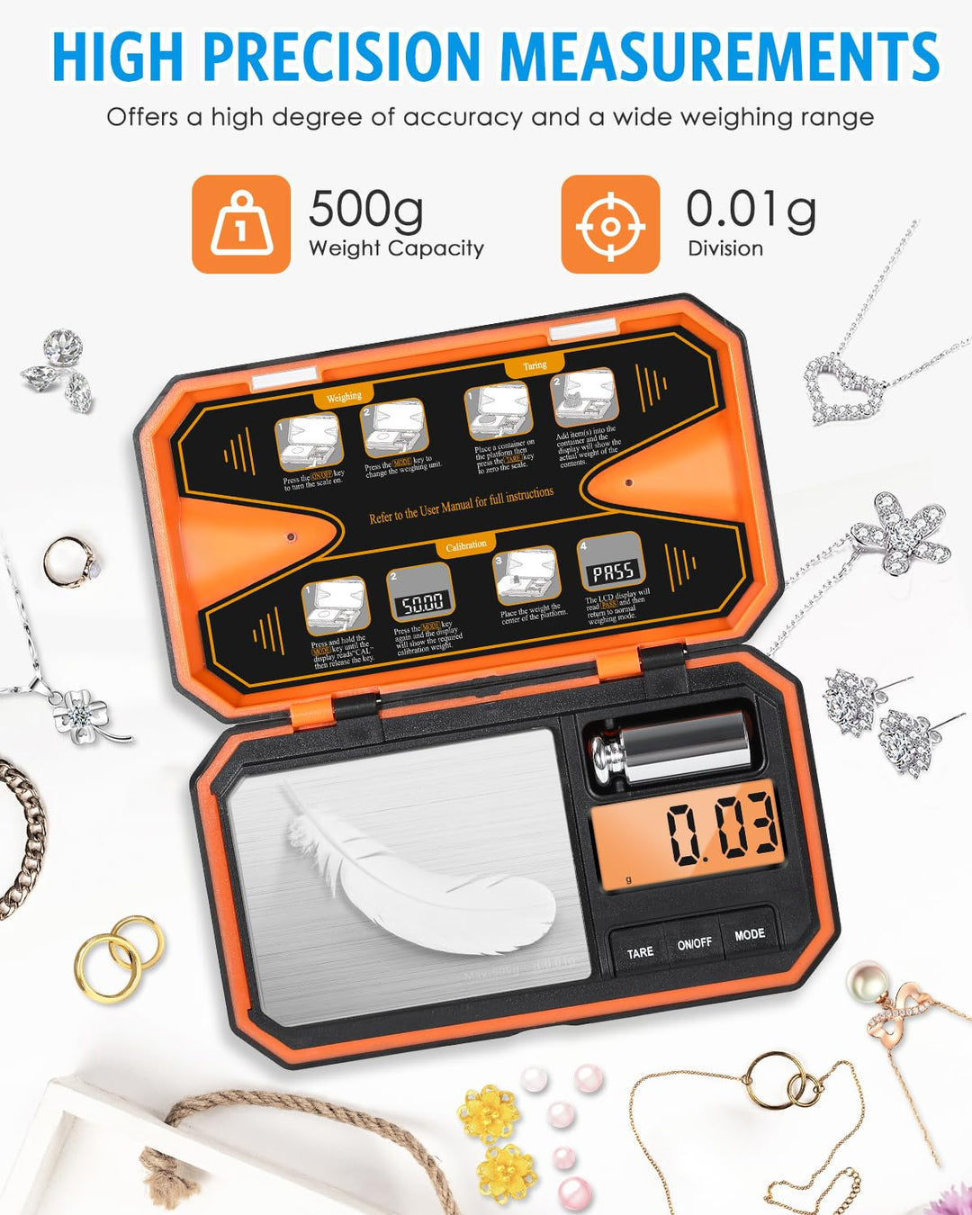 Brifit Feinwaage 0.01g, Waage Küche 500g / 0.01g Taschenwaage, Grammwaage, Digital Feinwaage mit EIN