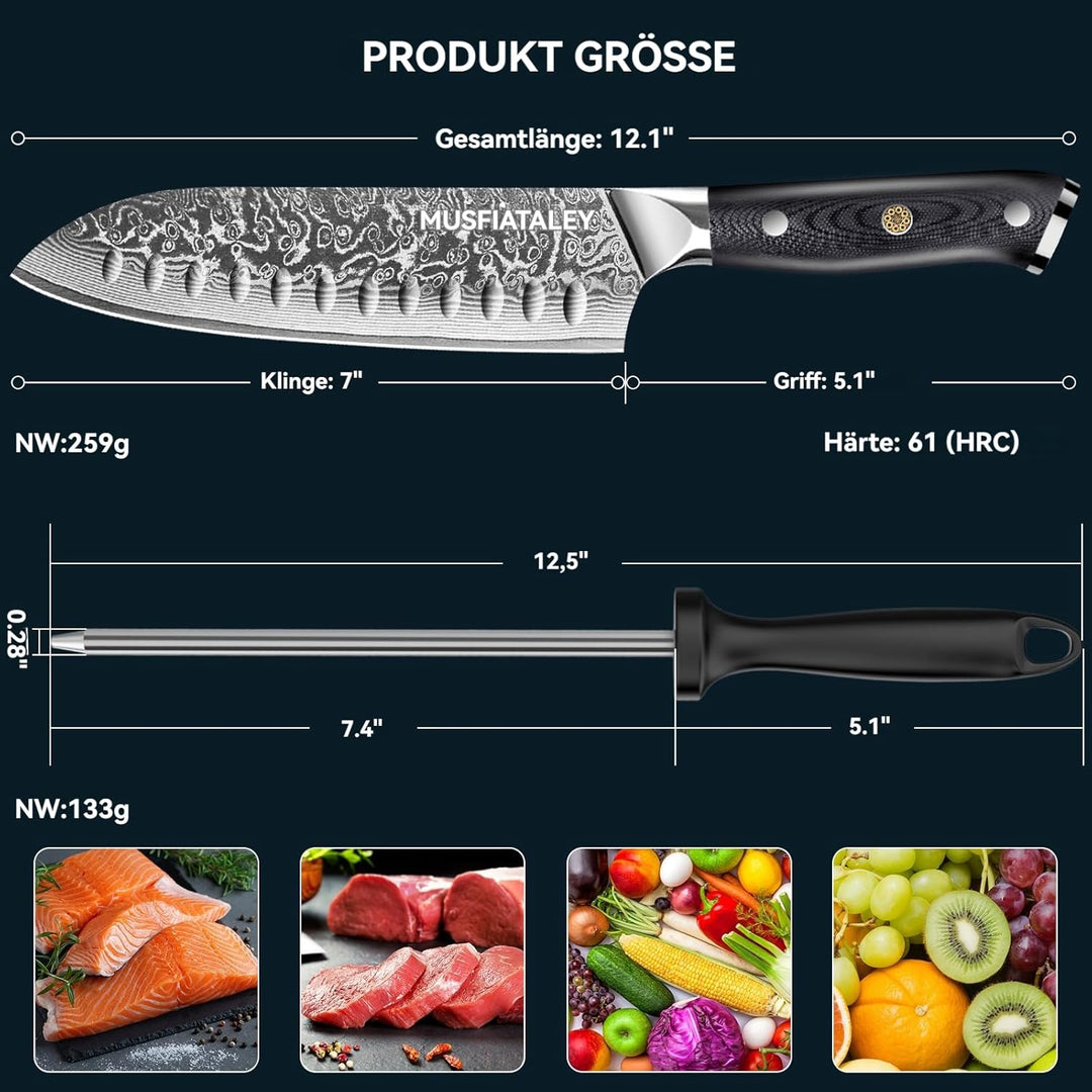 MOSFiATA Damast Santokumesser 7 Zoll, Damastmesser Küchenmesser Damaststahl Japanisches Messer Schar