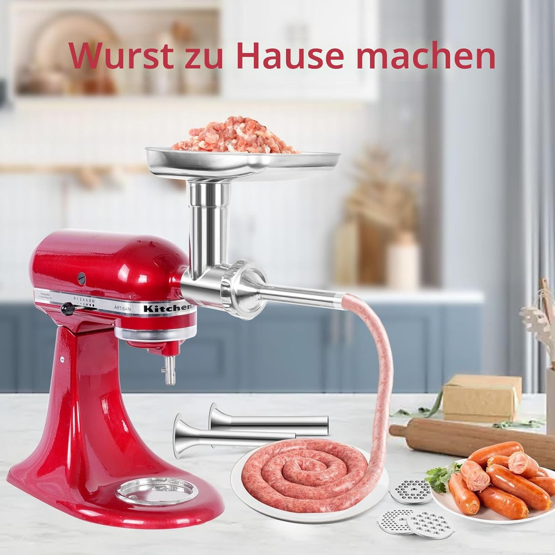 Edelstahl Fleischwolf für KitchenAid Mixer, Fleischwolfaufsatz für Kitchenaid Standmixer, spülmaschi