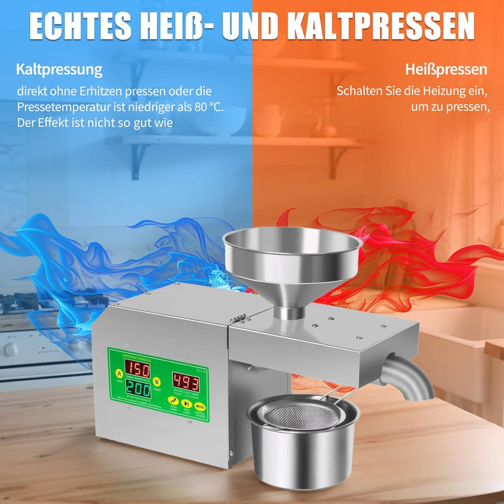 Automatische Ölpresse, 820 W Edelstahl-Ölpresse, einstellbare Temperatur von 40 bis 240 °C, Heiss- u