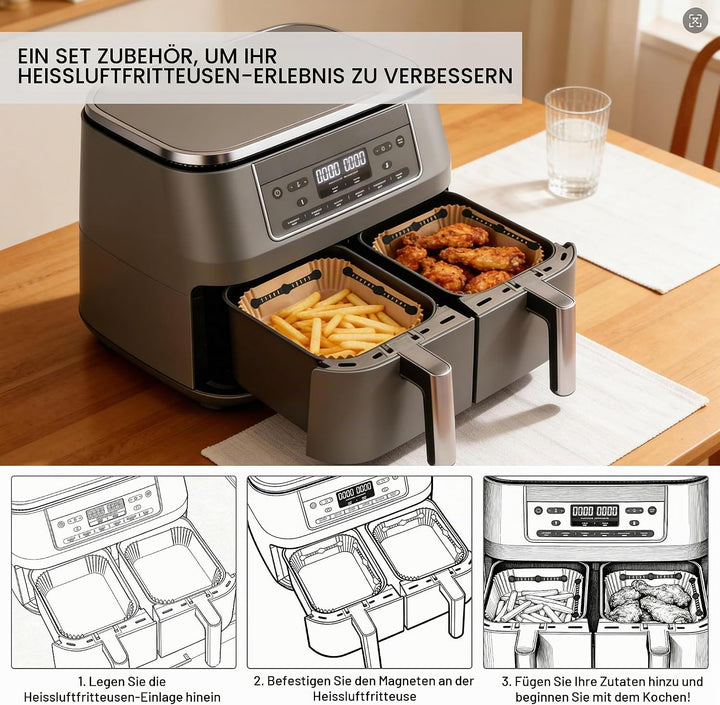 100 Stück Airfryer Backpapier+ 4 Stück Airfryer Silikon Magnete, THAKOI Heissluftfritteuse Zubehör N