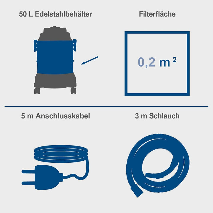 Scheppach ASP50ES Nass- und Trockensauger 50L | Industriesauger mit HEPA-Filter, Steckdose & Einscha