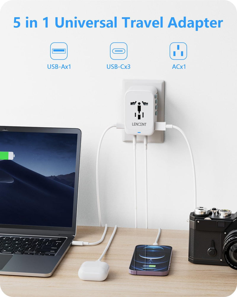 LENCENT Internationaler Reiseadapter,GaN III 65W Universal Reisestecker mit 1 USB-A & 3 USB-C PD Sch