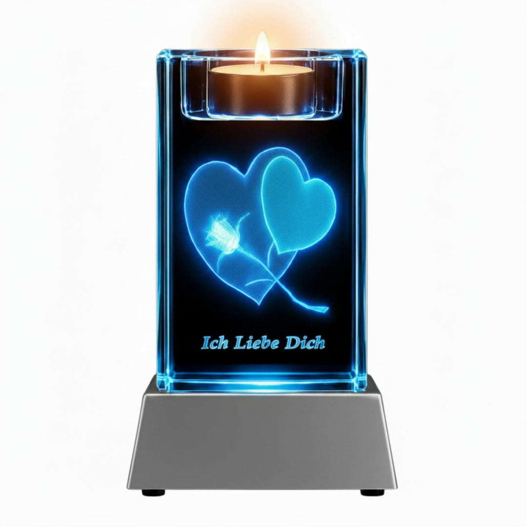Kaltner Präsente Stimmungslicht LED Kerze/Kristall Glasblock / 3D-Laser-Gravur Teelichthalter Herz R