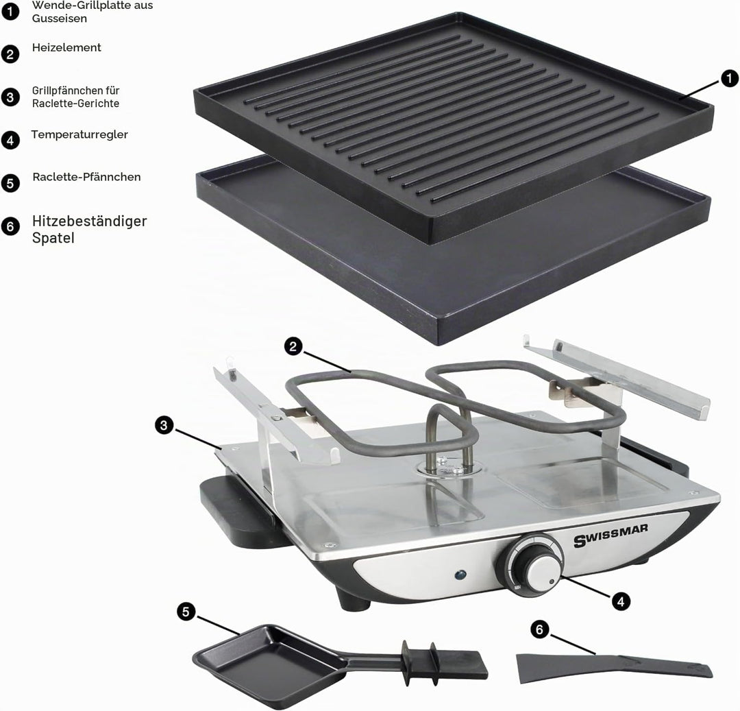 Swissmar Geneva Raclette 4 Personen, Raclette Grill mit Pfännchen und Schiebern, Mini Raclette-Grill