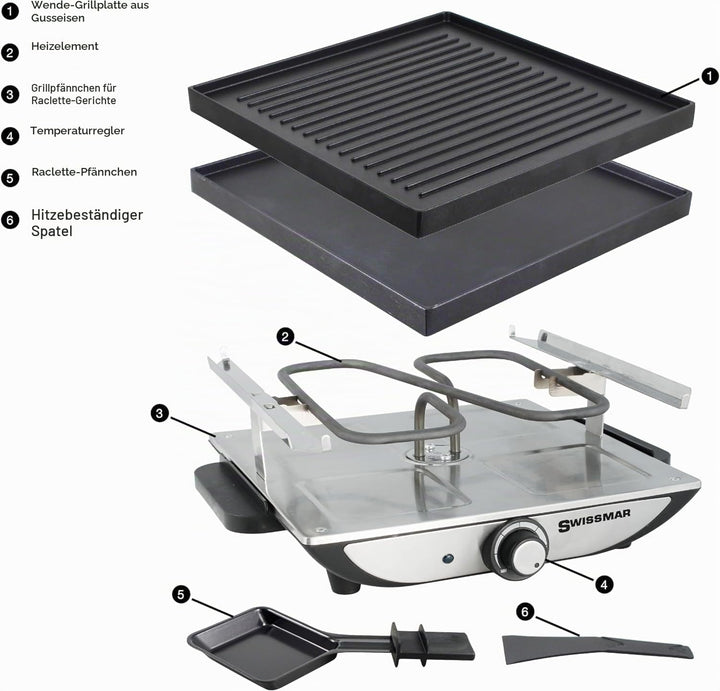 Swissmar Geneva Raclette 4 Personen, Raclette Grill mit Pfännchen und Schiebern, Mini Raclette-Grill