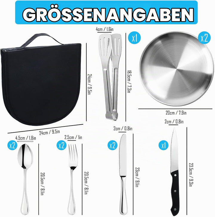 Camping Geschirr Set 2 Personen,12-teilig Besteckset mit Edelstahl Gabeln Tragbars Campingbesteck au
