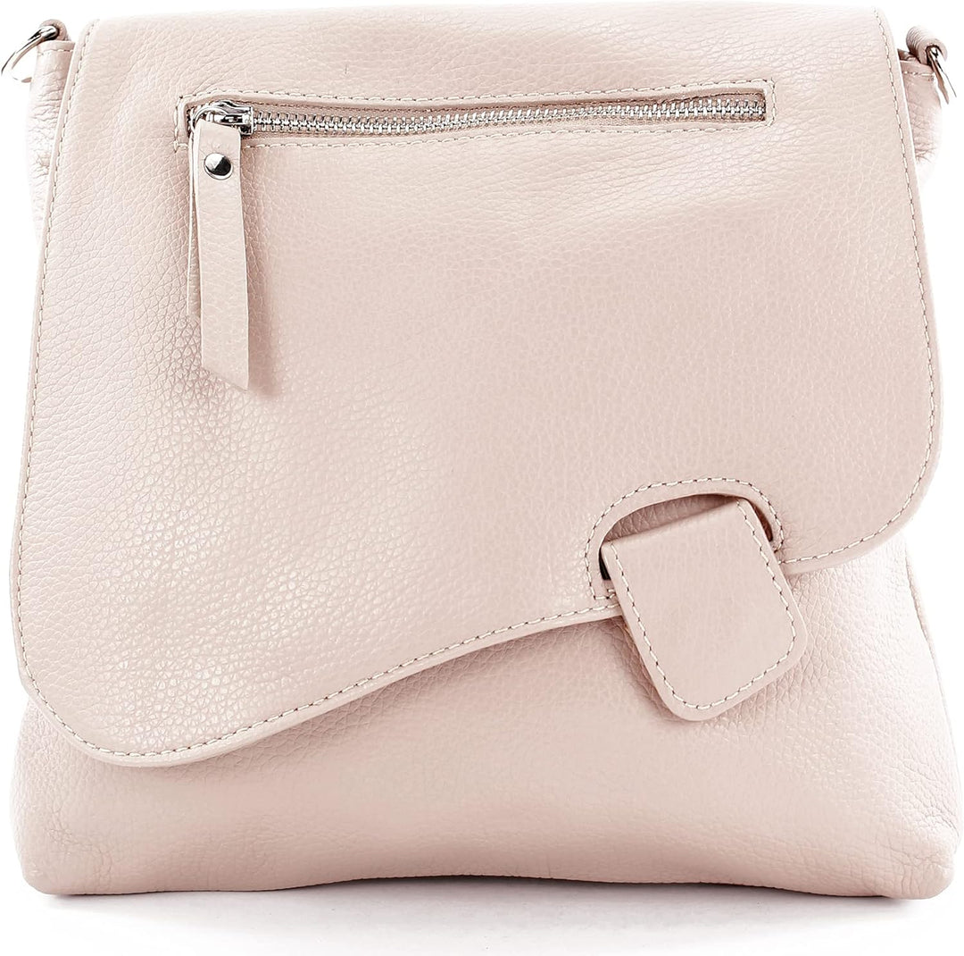 modamoda de - T146 - ital Messengertasche Umhängetasche aus Leder Rosabeige, Rosabeige