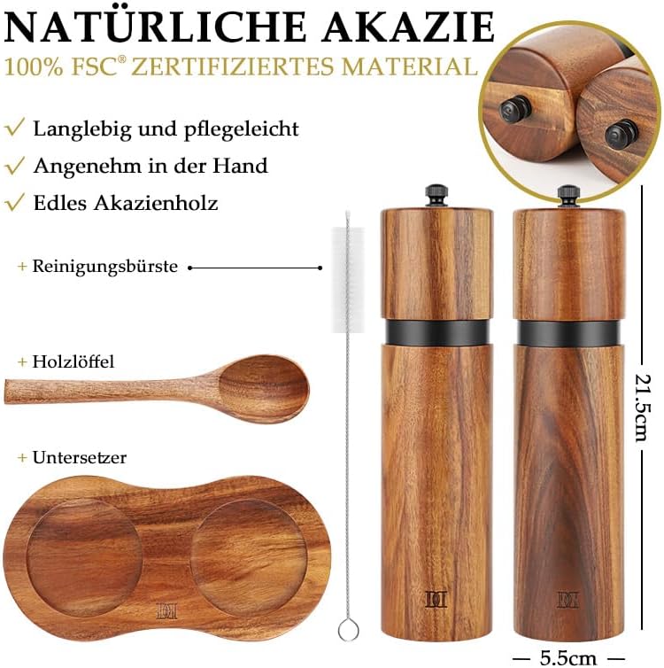 Salz und Pfeffermühlen Set aus Akazienholz mit Keramikmahlwerk mit Holzständer und Reinigungsbürste,