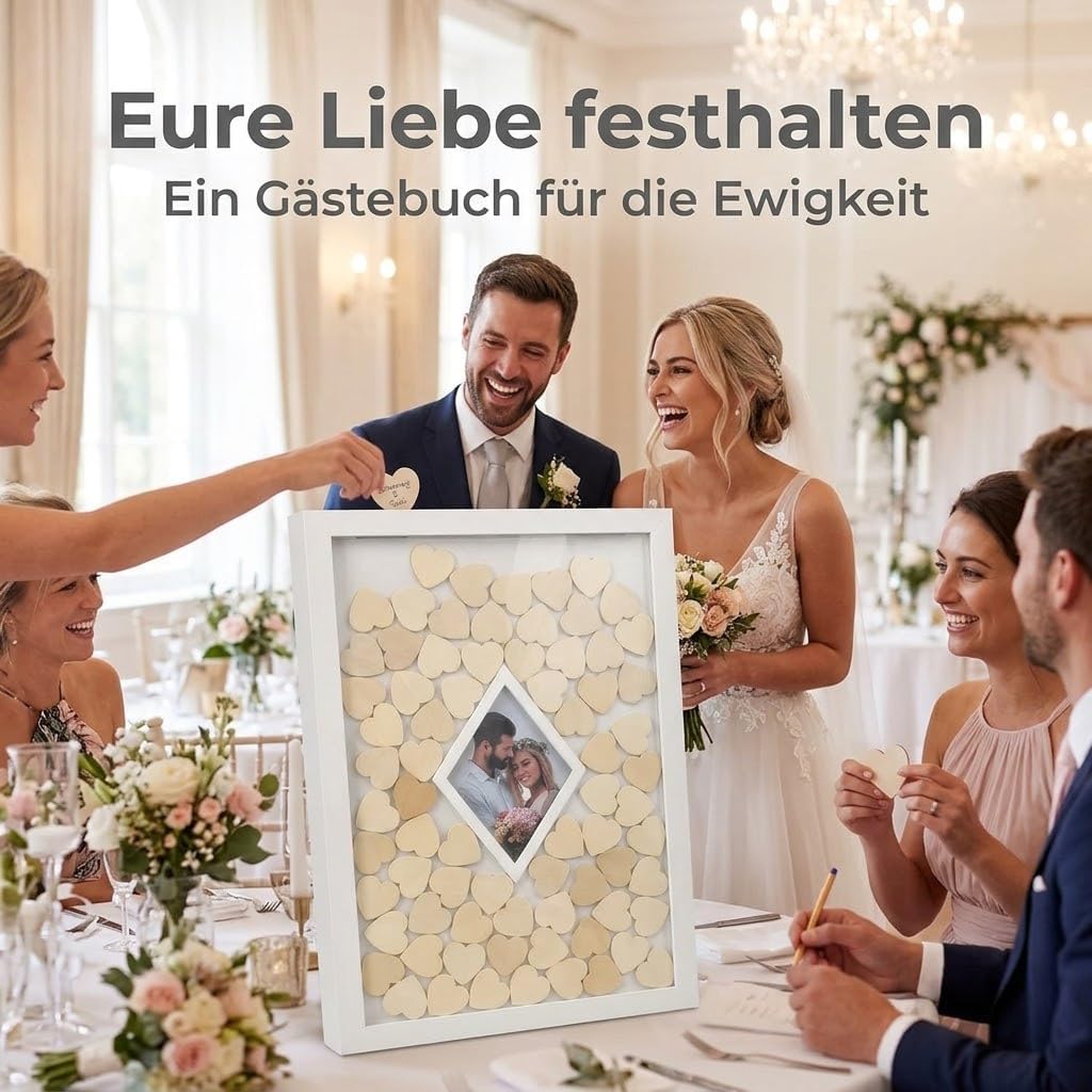 Jandiklee Gästebuch Holzrahmen inkl. Herzen aus Holz für Hochzeit, Taufe, Geburtstag (Fotorahmen Dia