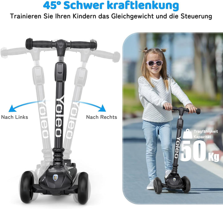 YOLEO Kinderoller Kinderscooter Dreiradscooter mit LED Räder, 2-Rädern Hinterbremsen,4 Höhenverstell