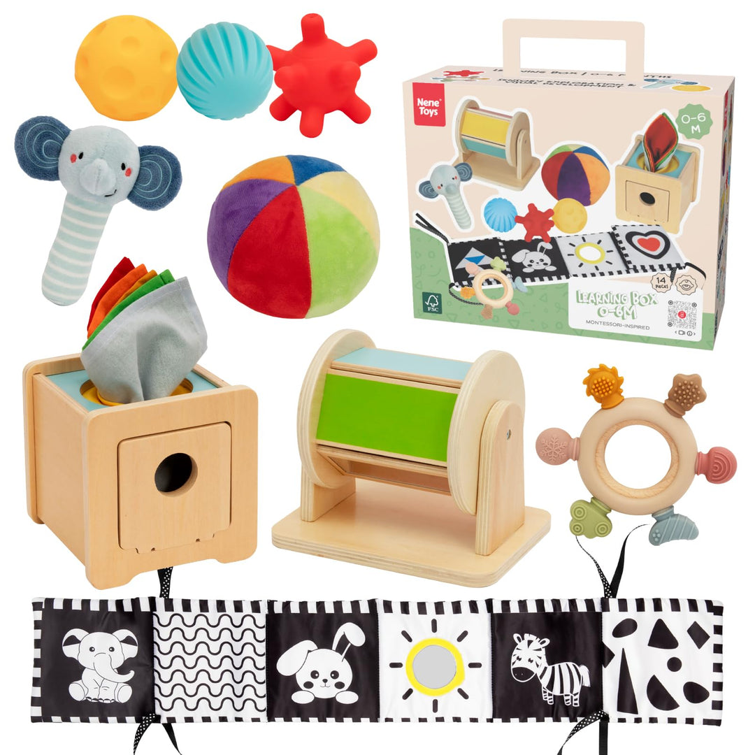 Nene Toys Montessori Baby Spielzeug 0–6 Monate – 7-in-1 Sensorik Holz Lernbox mit Schwarz-Weiss Stof