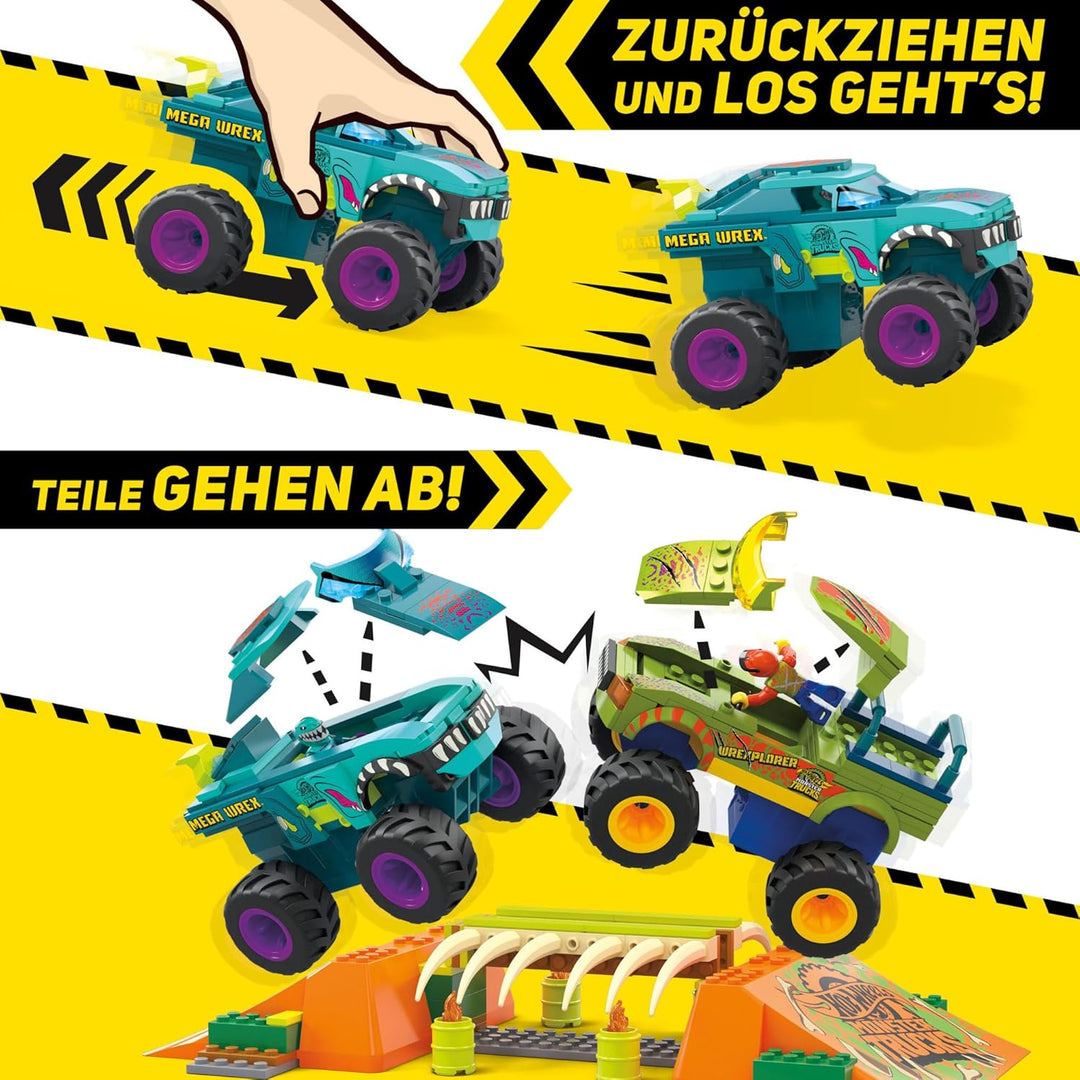 MEGA Hot Wheels Monster Trucks Bauspielzeug, Smash &amp; Crash Mega-Wrex Boneyard Stuntparcours mit 332