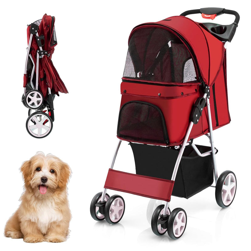 COSTWAY Hundewagen Haustiere Buggy bis 15kg, Hundebuggy mit Netzfenstern & Getränkehalter & Anhänger