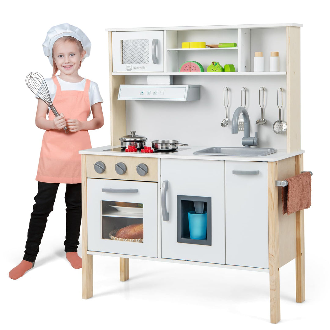 HOMASIS Spielküche mit 18 Zubehör, Kinderküche Holz, Spielzeugküche mit Spüle Herd Backofen Mikrowel