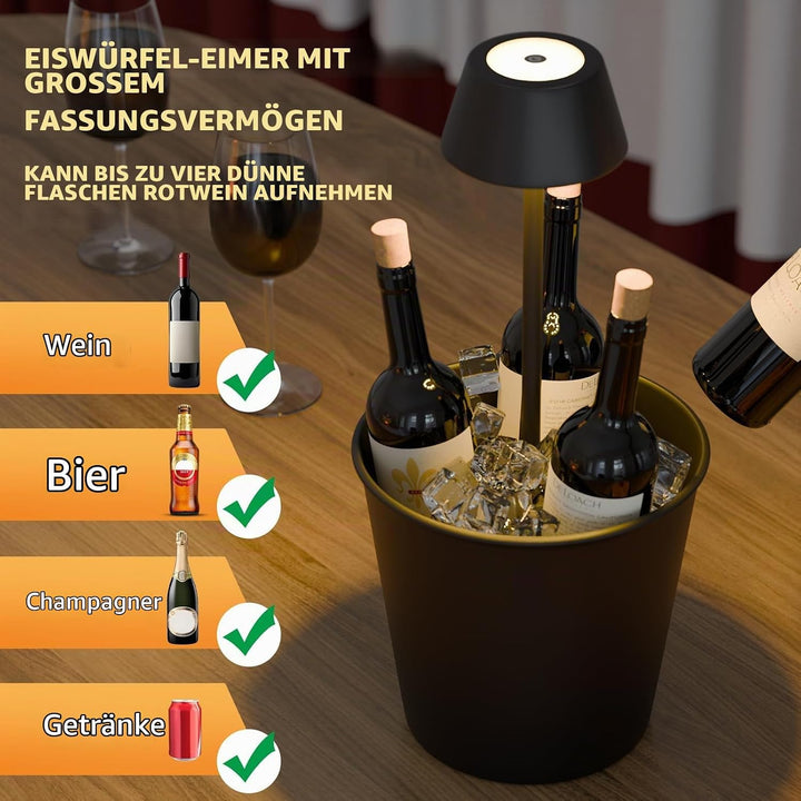 FUYO LED Eiskübel mit Warmlicht – 2-in-1 Tischlampe &amp; Kühler, Spritzwassergeschützt für Champagner/W