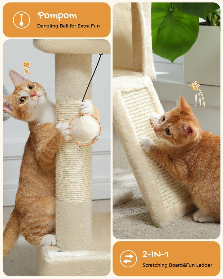 PETEPELA Kratzbaum mit Dual Condos für Wohnungskatzen, All-in-One-Katzenhaus mit gepolsterter Sitzst