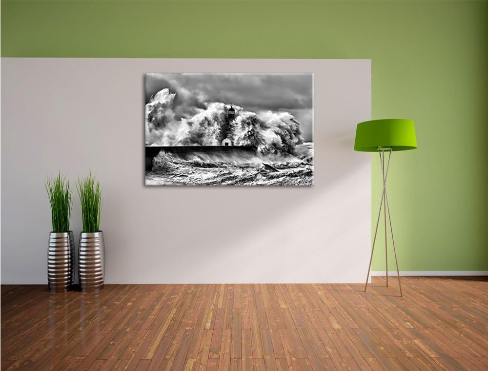 Pixxprint Monocrome, Leuchtturm im Sturm, Format: 100x70 auf Leinwand, 100x70