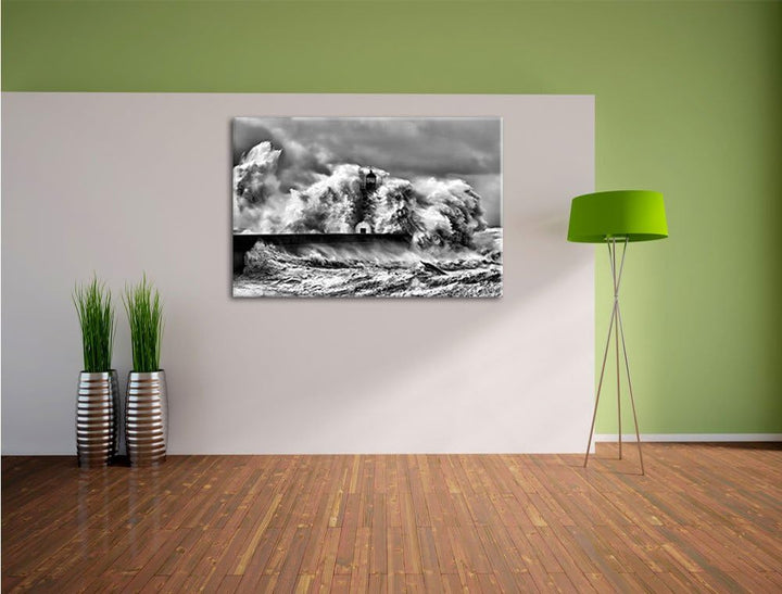 Pixxprint Monocrome, Leuchtturm im Sturm, Format: 100x70 auf Leinwand, 100x70