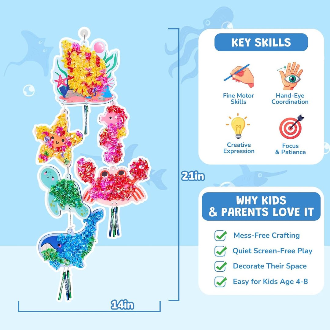 JoyCat Poke Art Basteln Kinder, Windspiel mit Meerestieren, 3D Bastelset mit klingenden Windspielele
