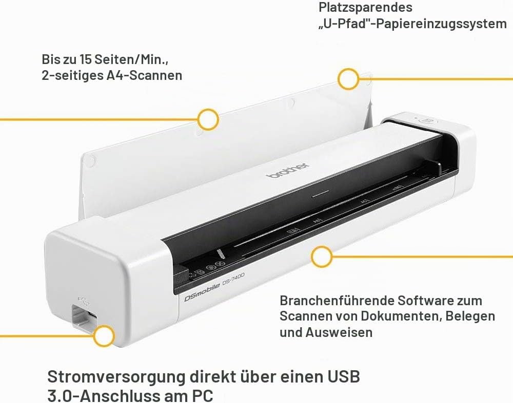 Brother DS-740 Mobiler Scanner | A4 | Vorder- und Rückseite | USB-Netzteil | 15 ppm | Farbe | Schwar