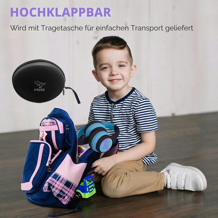 IFECCO Bluetooth Kopfhörer Kinder kabellos mit Aufbewahrungstasche, Kinderkopfhörer Over-Ear mit LED