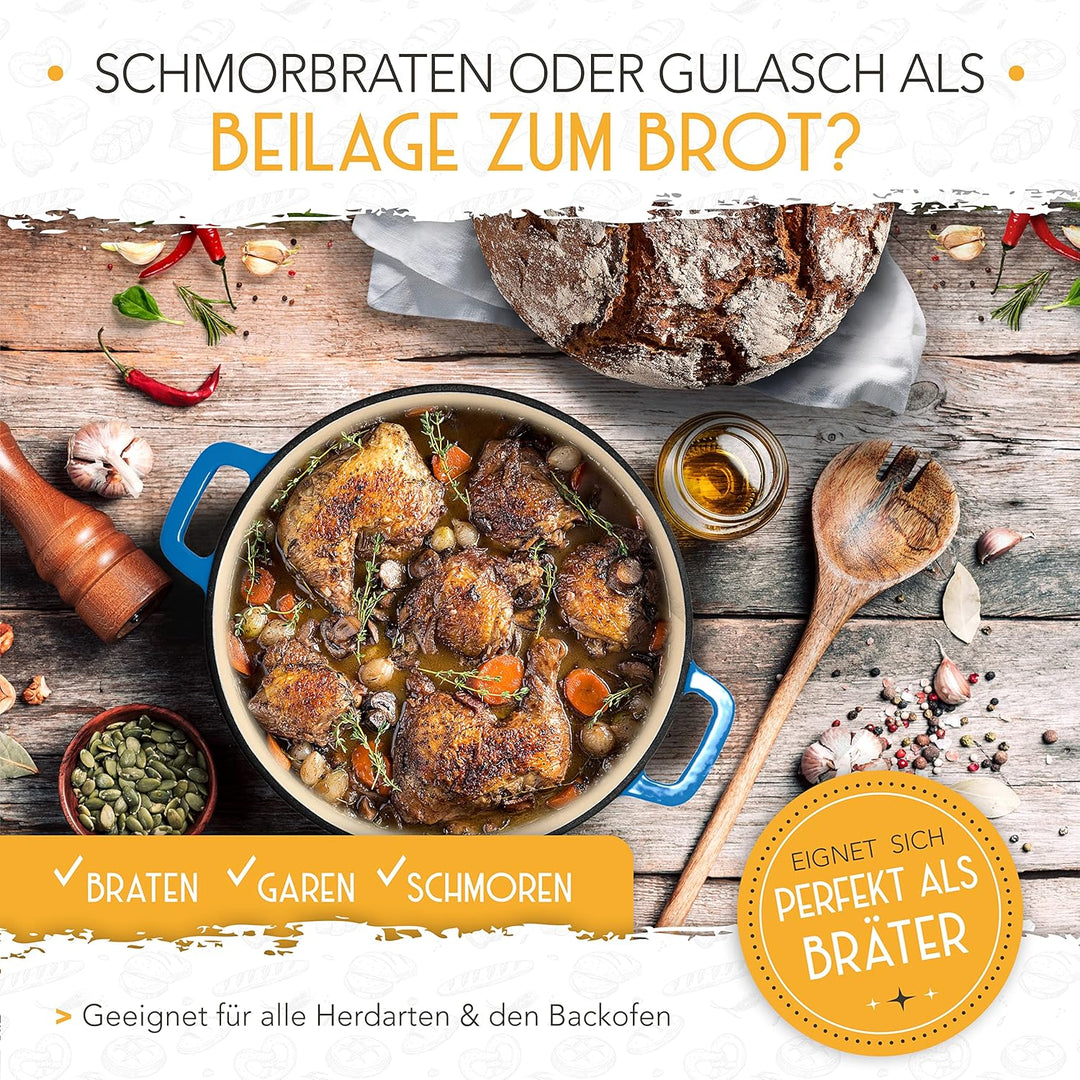 KRUSTENZAUBER Gusseisen Topf Brot Backen [inkl. Gärkorb] - Hochwertiger Emaille Topf 26cm - Idealer