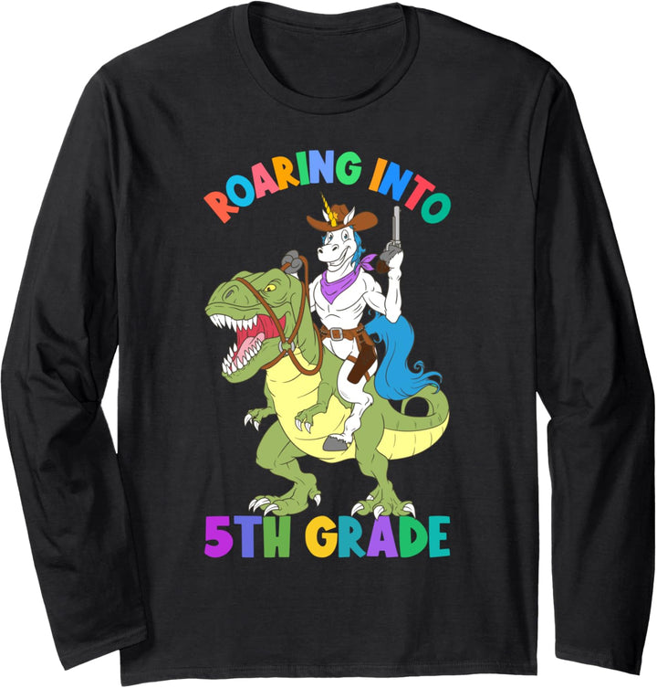 Roaring Into 5th Grade Unicorn Riding Dinosaurier Back School Langarmshirt