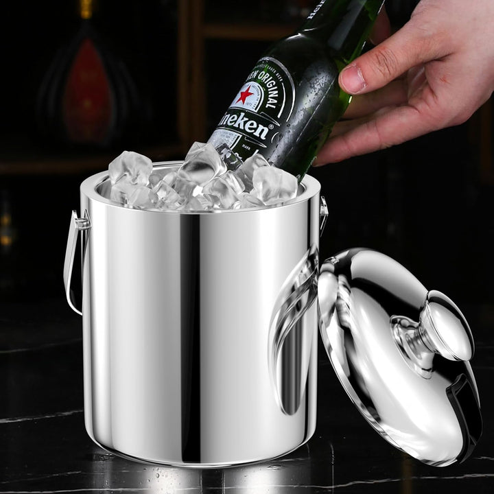 1.3L Eiswürfelbehälter, Edelstahl Eiskübel mit Luftdichtem Deckel, Sieb und Eiszange, Doppelwandiger