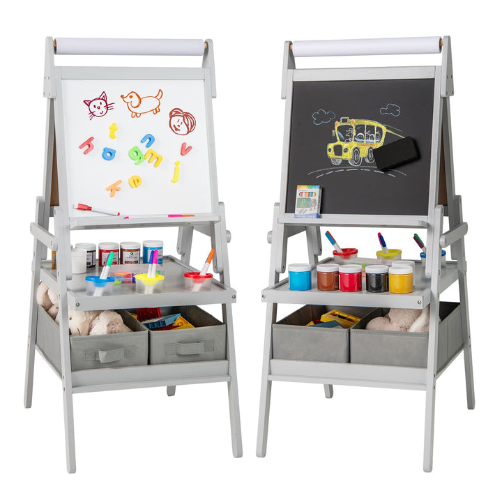 HOMASIS 3-in-1 Kindertafel aus Holz mit Stauraum, Kunstpferd mit Whiteboard, Kreidetafel und Papierr
