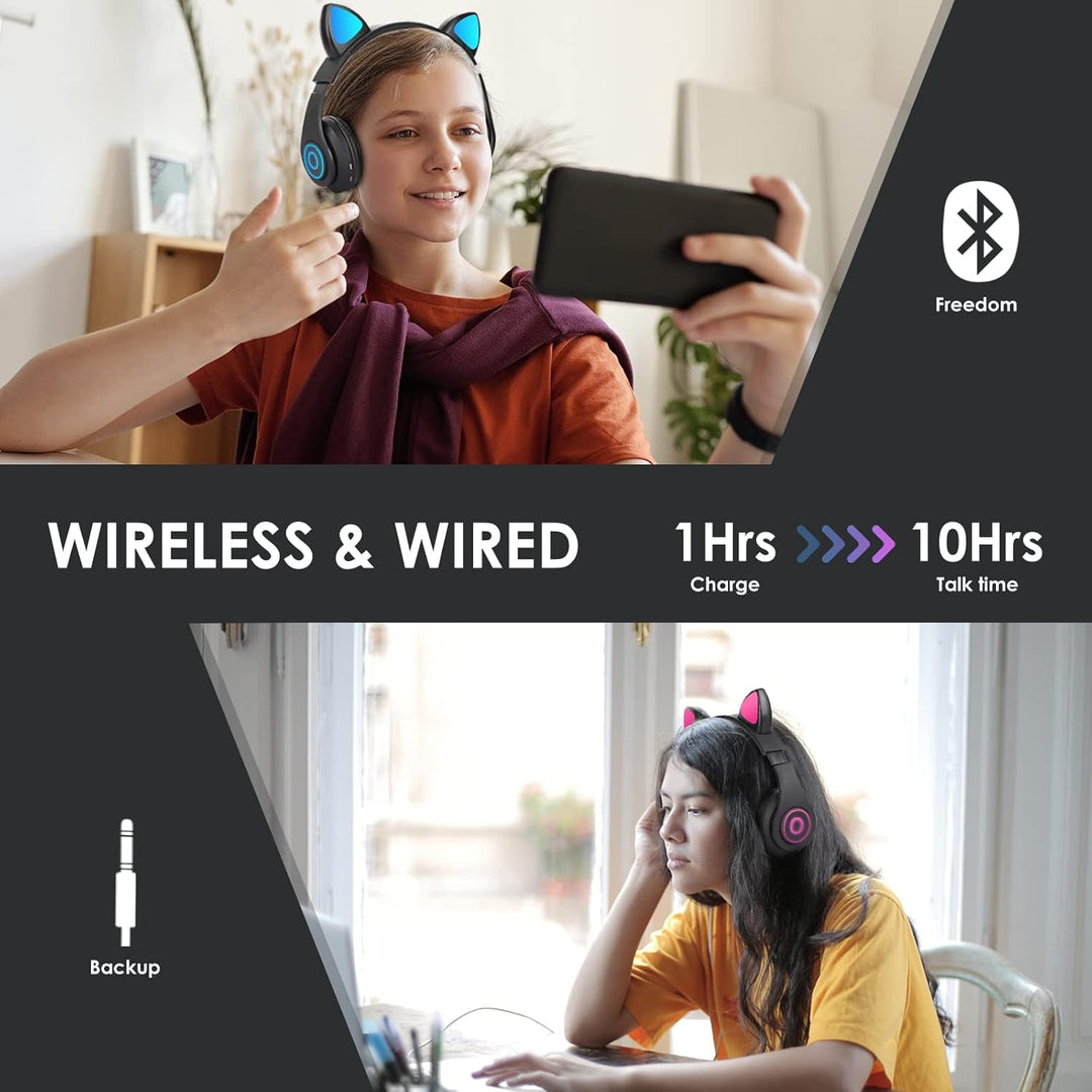 Sendowtek Kinder Kopfhörer, Bluetooth Kinderkopfhörer Over Ear Niedlich Katze mit Ohr Blinkendes Lic