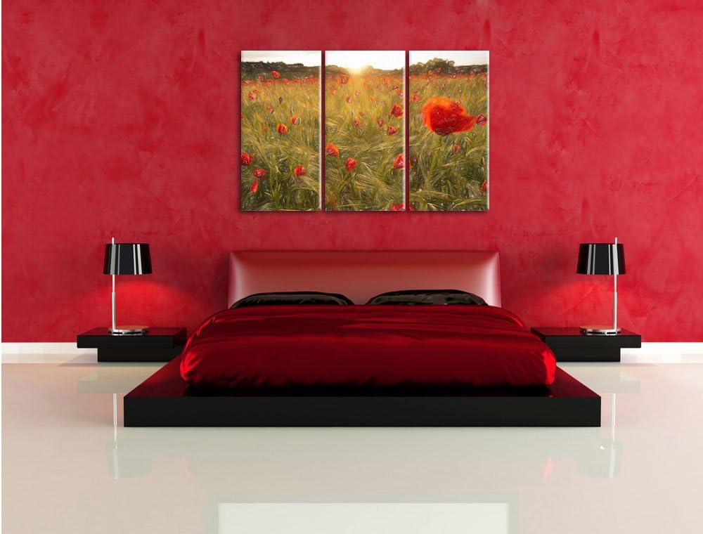 Pixxprint Mohnfeld bei Sonnenuntergang als Leinwandbild 3 teilig/Grösse: 3 Teilig (120x80) / Wandbil