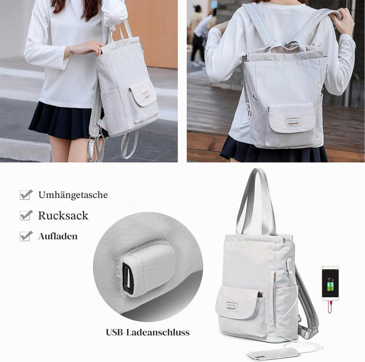 PORRASSO Damen Laptop Rucksack Casual Schultertasche mit USB Ladeanschluss Gepäckband Schultasche fü