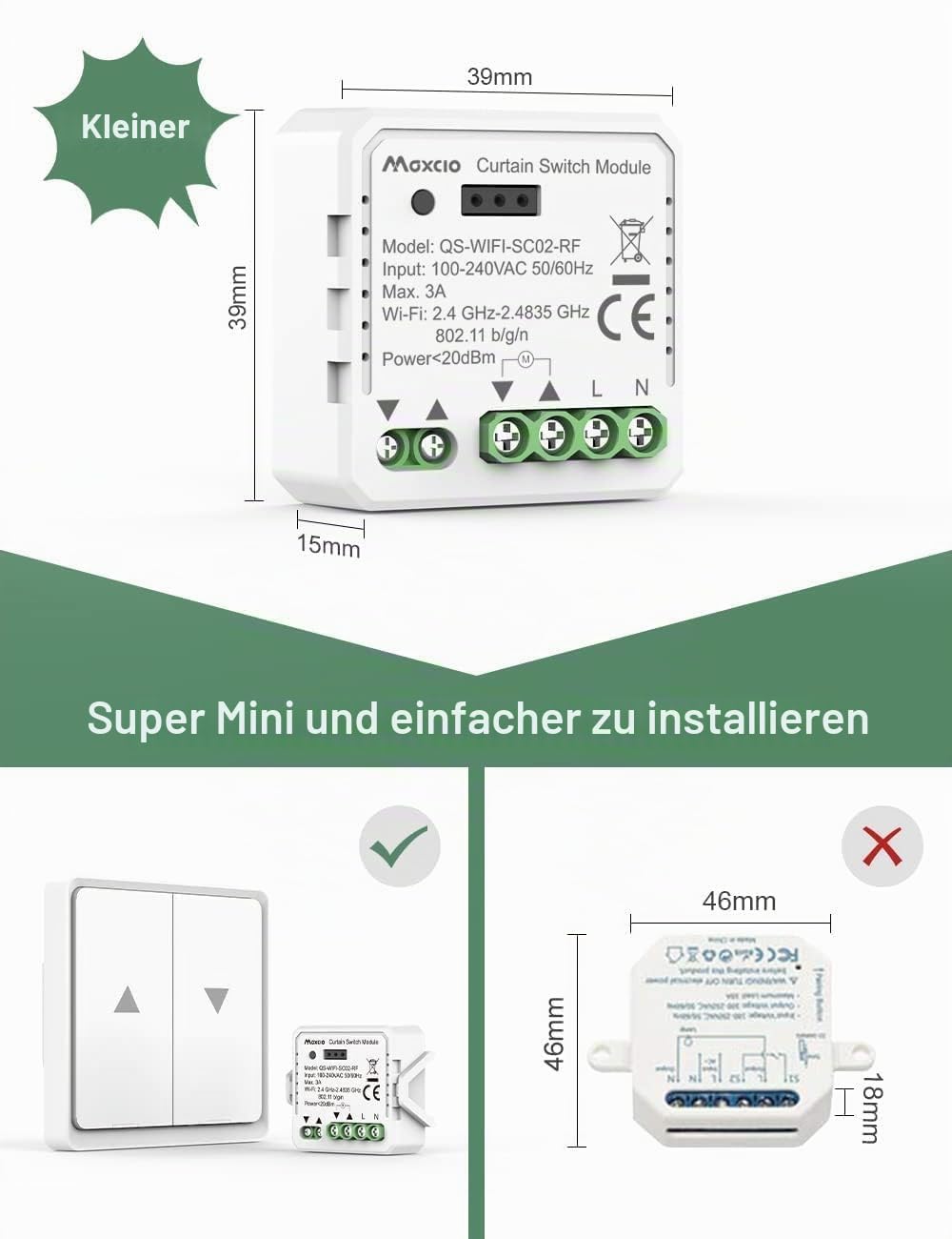 Wlan Rolladenschalter mit Prozentfunktion, Maxcio Smart Unterputz Relais Modul Schalter für elektris