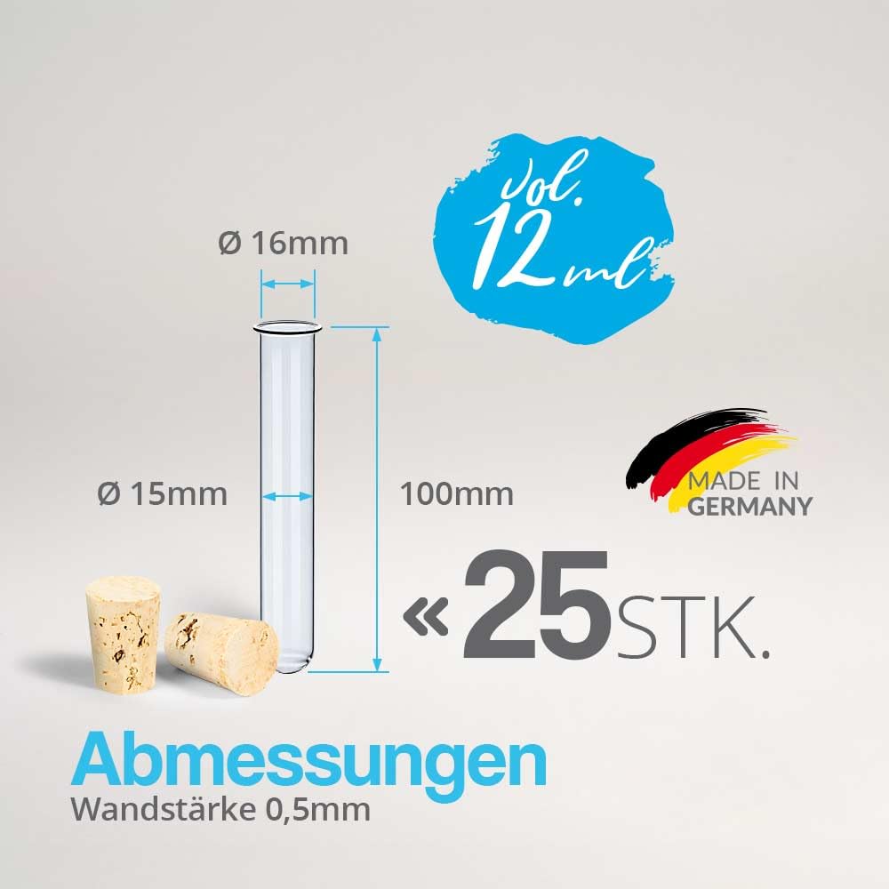 Tuuters 25x Glas Reagenzgläser mit Korken, Reagenzglas mit Bördelrand (100 x Ø 16mm) 100 x Ø 16mm Na