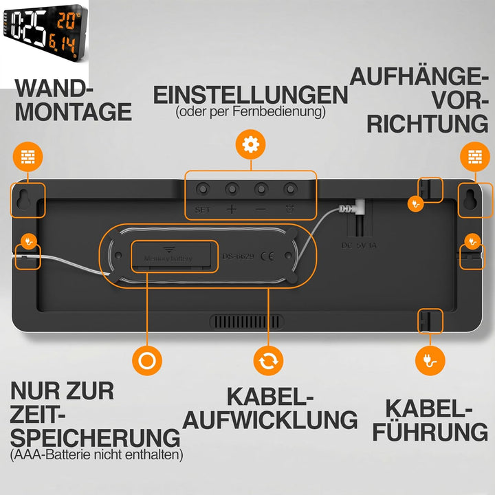 Opis Clock 1 XXL Weiss/Orange: Wanduhr Digital mit Temperaturanzeige, die Grosse Leuchtende LED Digi