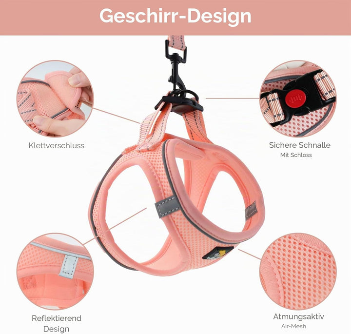 BELLA &amp; PAL Hundegeschirr Kleine Hunde mit Leine, Step-in Geschirr aus Air Mesh, Anti Zug Reflektier