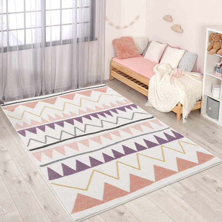 carpet city Kinderteppich Läufer - Zickzack-Motiv 80x150 cm Creme Rosa - Kinderzimmer Teppich Modern