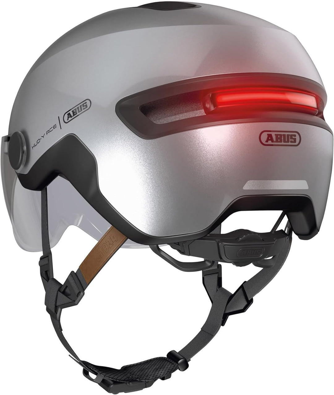 ABUS Stadthelm HUD-Y ACE - stylischer Fahrradhelm mit Visier und magnetischem, aufladbarem LED-Rückl