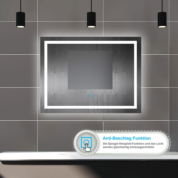 Biubiubath Badspiegel mit Beleuchtung,80x60cm LED Wandspiegel mit Touch-Schalter,Beschlagfrei,Badezi
