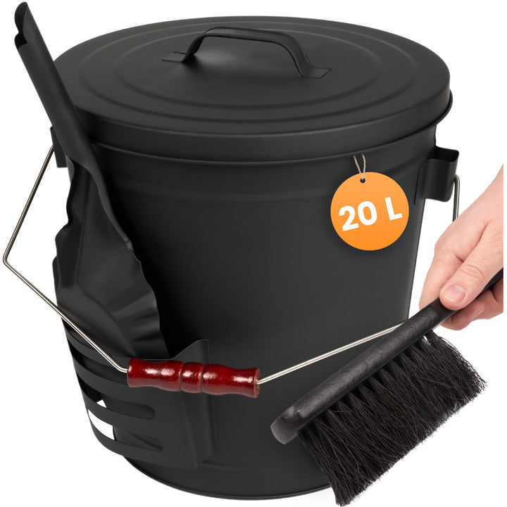 BLACK OAK Ascheeimer Stromboli 20L – schwarz mit Deckel Schaufel & Besen Bügel Silber gross 20 Liter