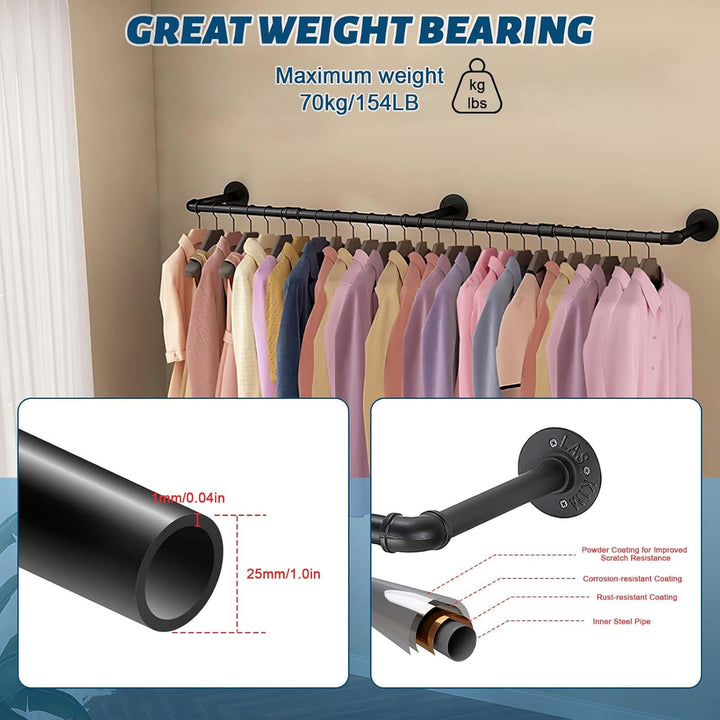 Royouzi Kleiderstange Wandmontage 184 cm Wandmontiertabnehmbarmetall Garderobenstange, Wird Zum Plat