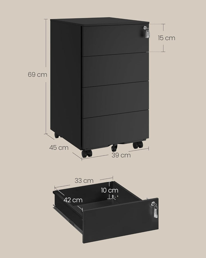 SONGMICS Rollcontainer, Metallschrank, mobiler Aktenschrank, Druckertisch, abschliessbar, 4 Schublad