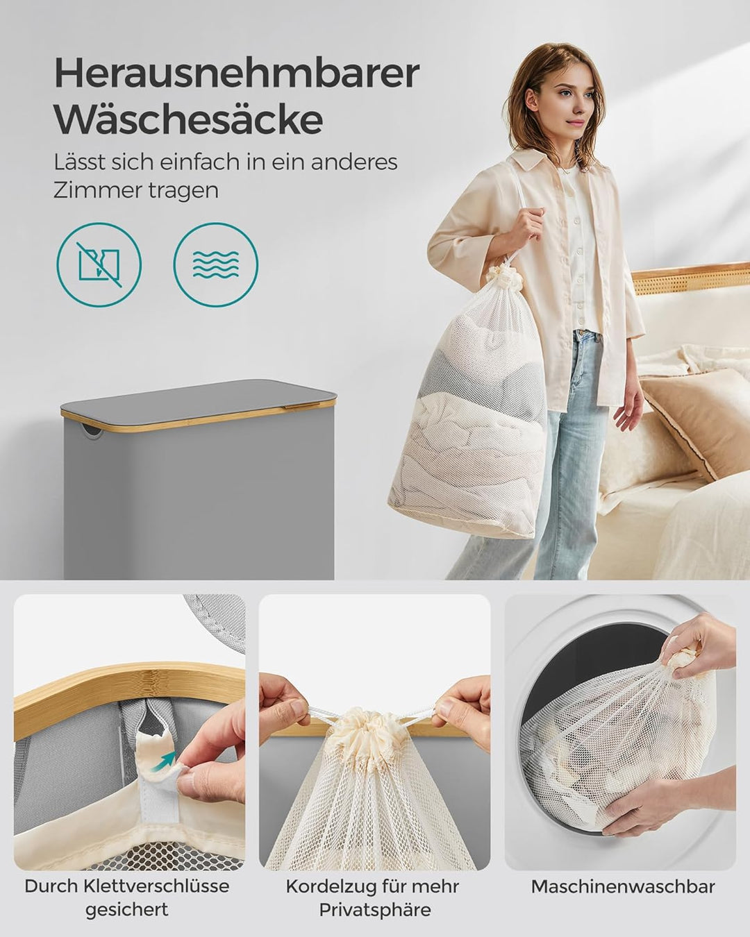 SONGMICS Wäschekorb mit Deckel, Wäschesammler mit 3 Fächern, 150 L, herausnehmbarer Wäschesack, Oxfo