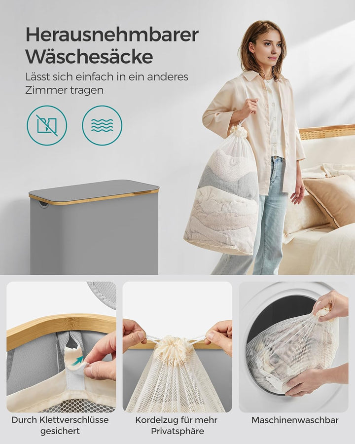 SONGMICS Wäschekorb mit Deckel, Wäschesammler mit 3 Fächern, 150 L, herausnehmbarer Wäschesack, Oxfo