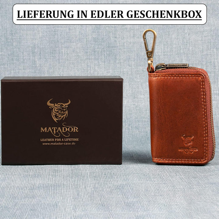 MATADOR Echt Leder Schlüsselanhänger Schlüsseltasche Auto-Schlüssel-Anhänger Braun Karabienerhacken