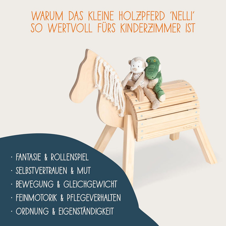 PINOLINO Holzpferd Nelli, Spielpferd aus Birke &amp; Fichte, klar lackiert, Reitpferd mit Stauraum, Holz