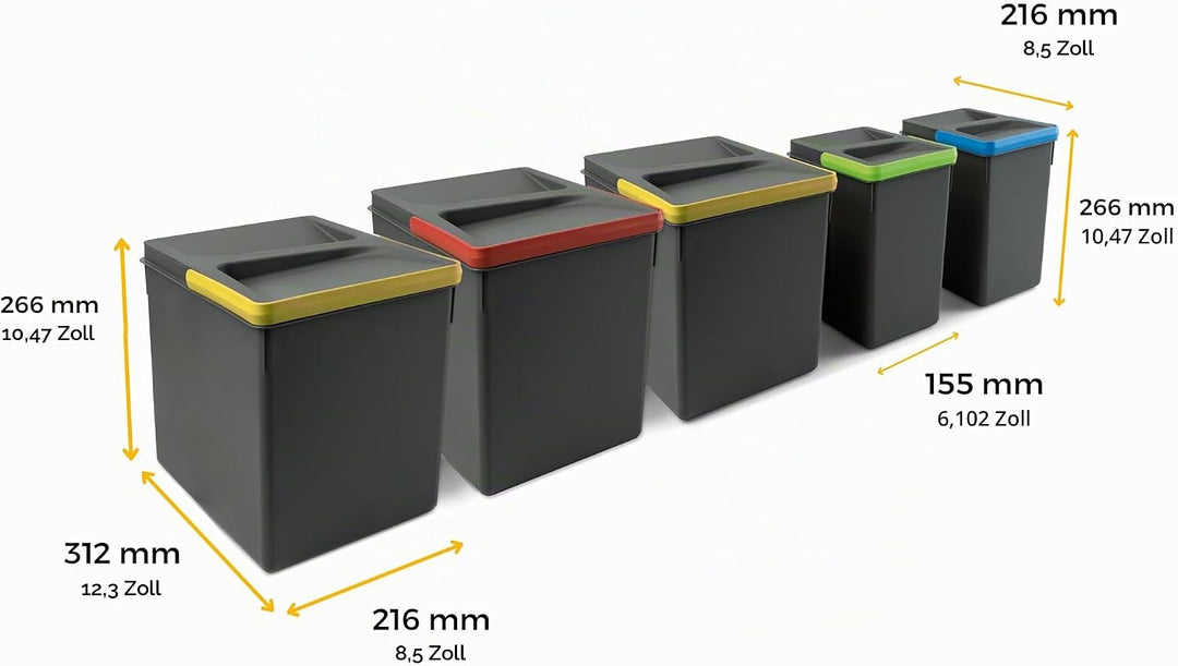 Emuca - Küchenschubladenbehälter mit geruchsdichtem Deckel, H 266 mm (3 x 15 L + 2 x7 L), Kunststoff