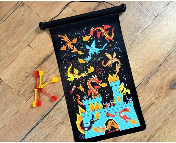 Janod - Magnetisches Dartspiel mit dem Thema Drachen und Ritter - Vorderseite/Rückseite Geschicklich
