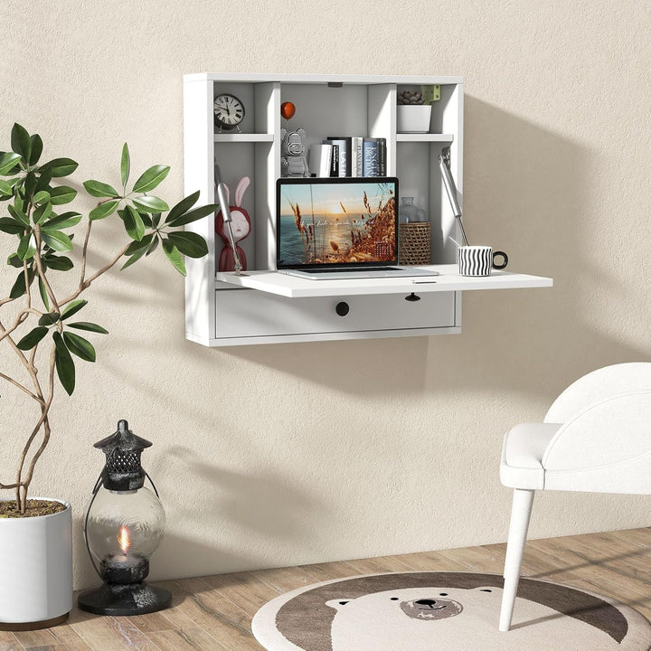 GIANTEX Wandklapptisch Wandtisch klappbar, Klapptisch Wandschreibtisch Holz mit Ablagefächern &amp; Schu